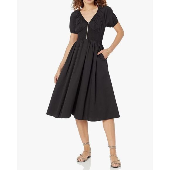 NEW Black The Drop Daksha Cotton Smocked Zipper Detail Dress L - Picture 1 of 7